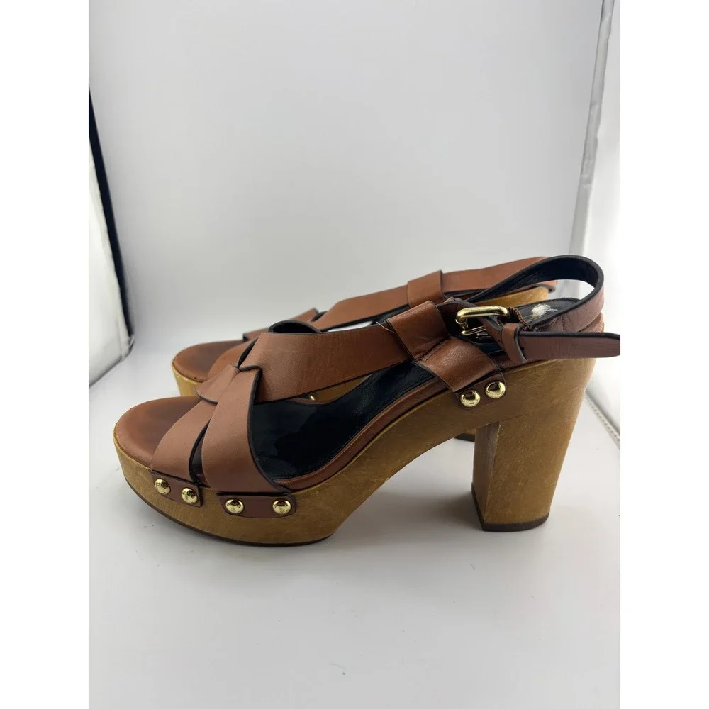 Coach Adessa Tan Leather Wooden Platform Clog Sandals Brown Q6931 Size 9B